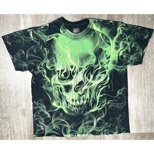 Vintage Social Media Black Green Skull Smoke Flames T-Shirt - Men Size XL